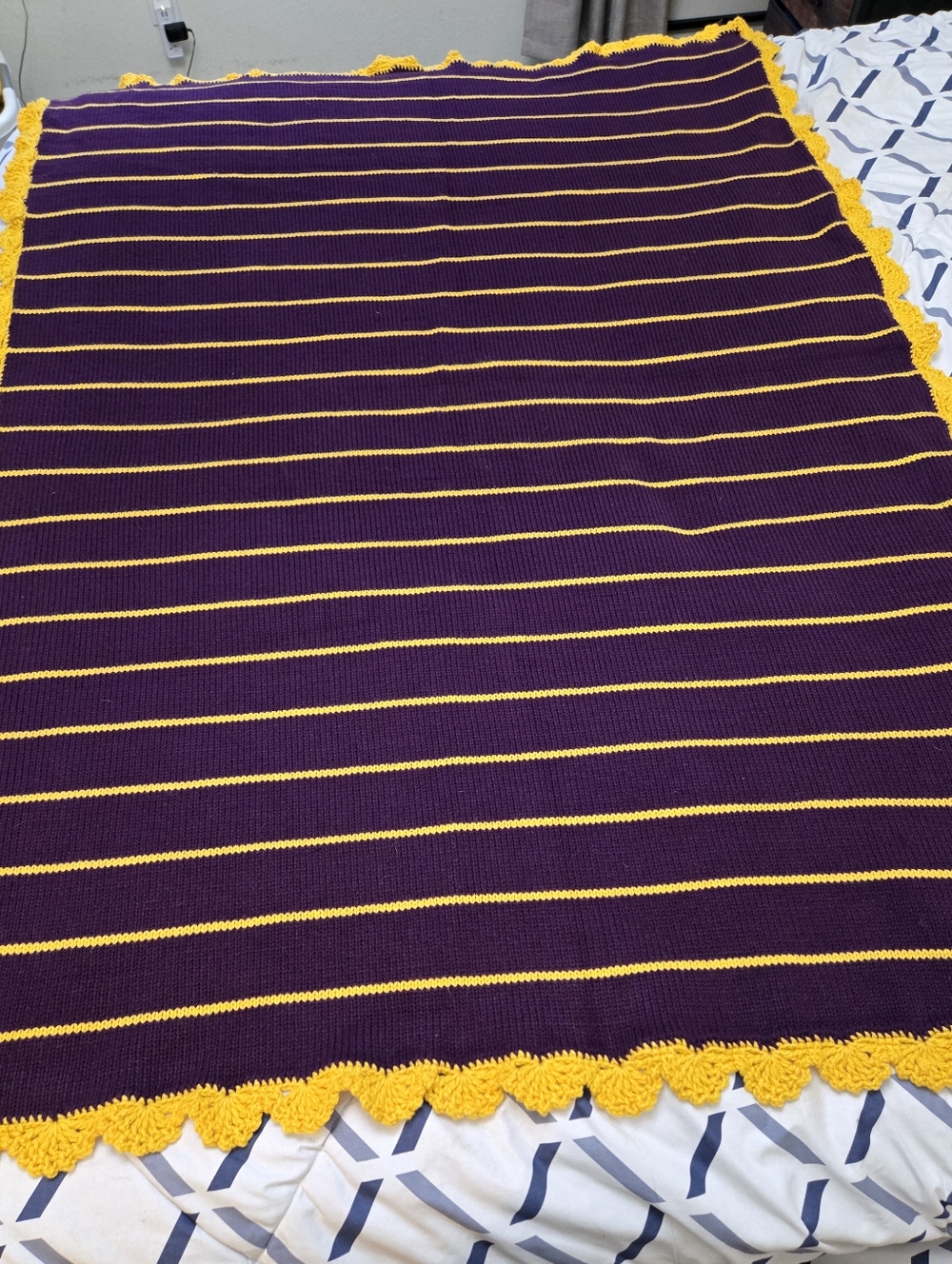 Handmade Purple & Gold Striped Knit And Crochet Blanket